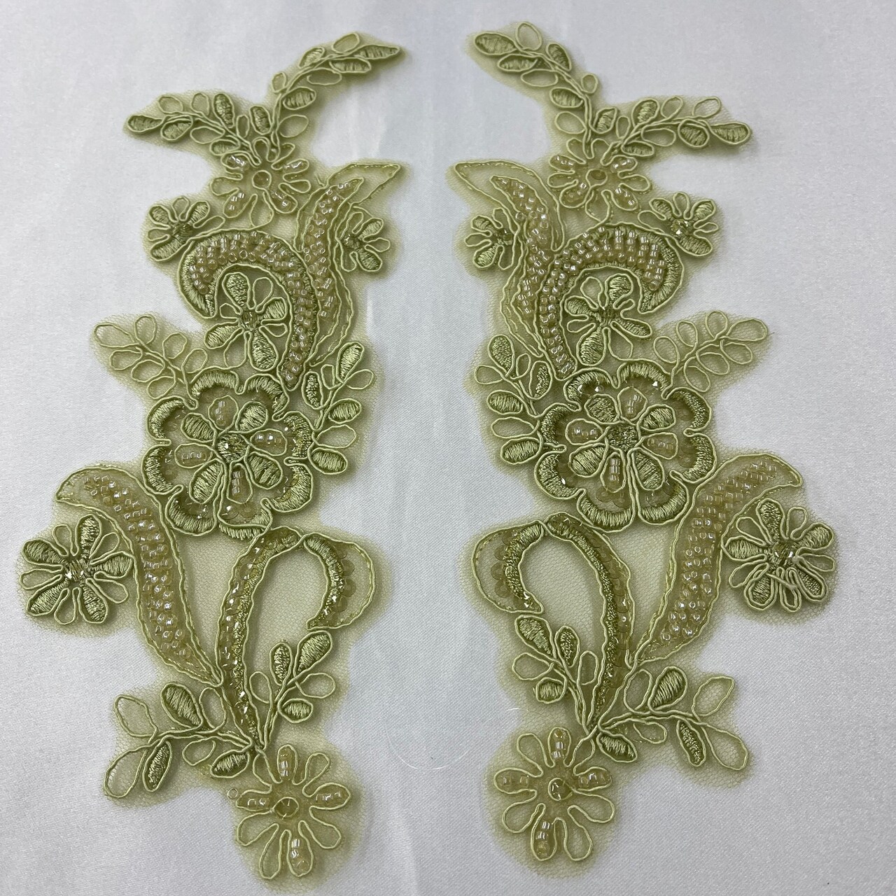 1 Pair Beaded & Corded Floral Lace Applique 9" x 2.5" Each Side